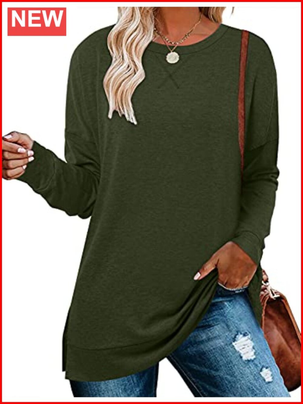 Cotton Blend Drop Sleeve Side Slit Crewneck Tunic Sweatshirt Long Sleeve
